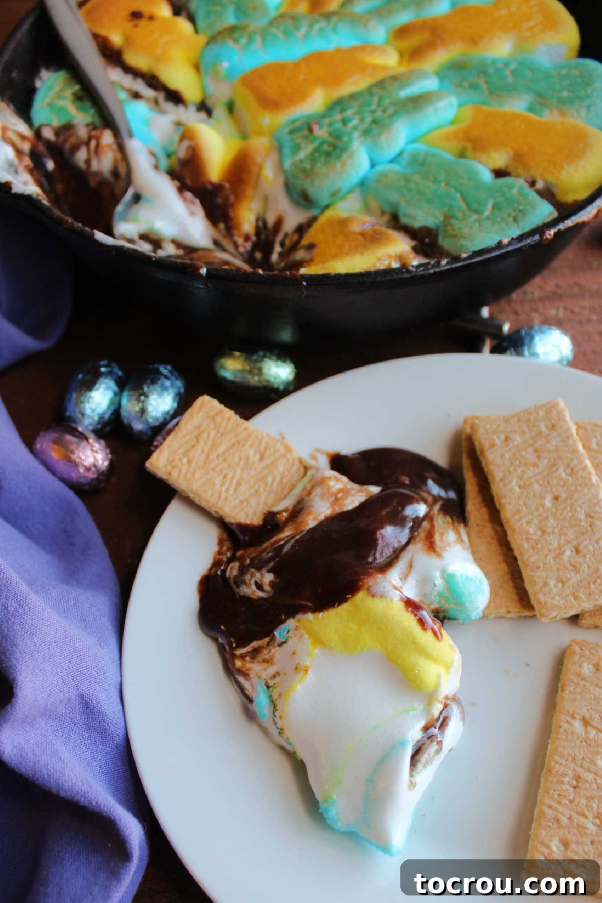 Graham Cracker Dipped in Peeps S'mores Dip Graham cracker in the melted chocolate and marshmallows.