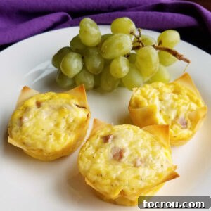 Three mini ham and cheese quiches in wonton wrappers on plate with bunch of grapes.