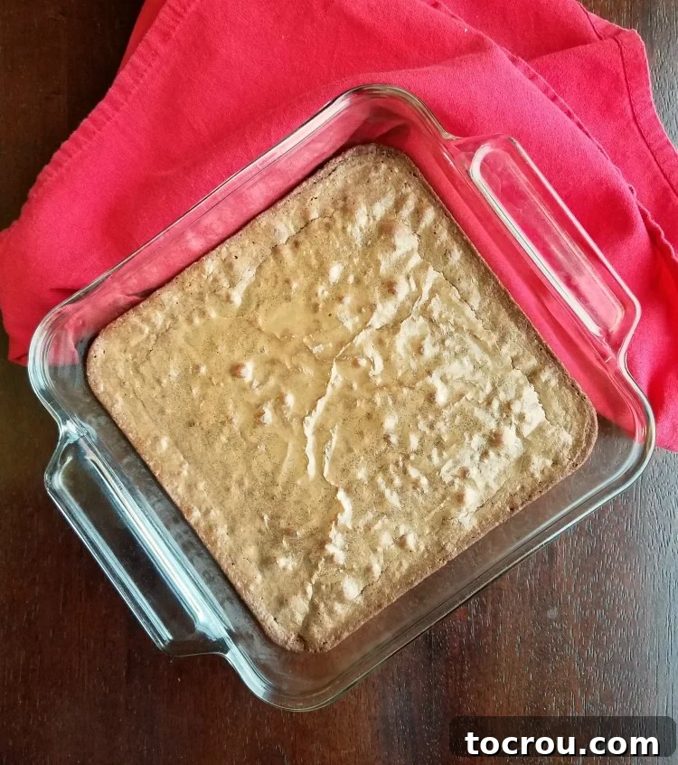 Freshly baked pan of rich, dark fudgy brownies with crackled tops, cooling on a wire rack.
