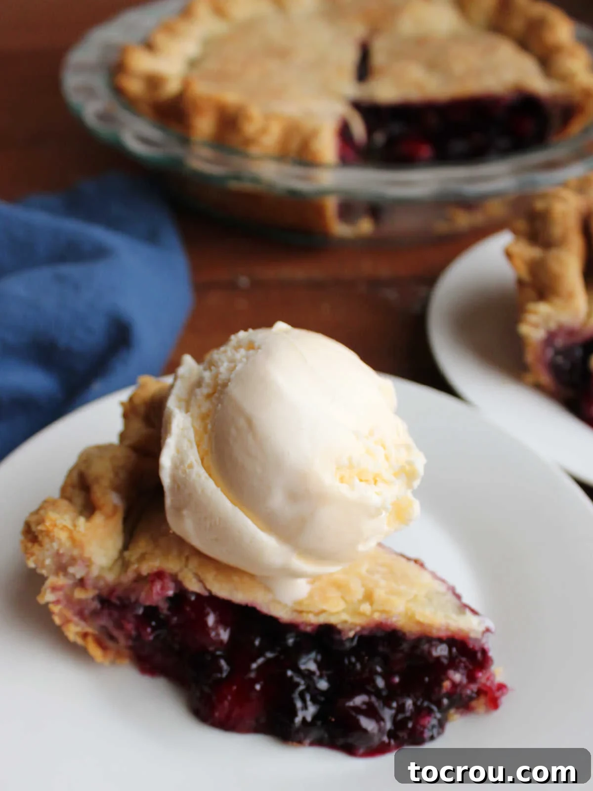 Slice of cherry berry pie served with a scoop of vanilla ice cream.