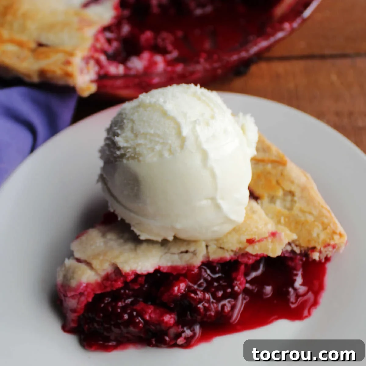 Slice of blackberry pie and ice cream ready to eat. 