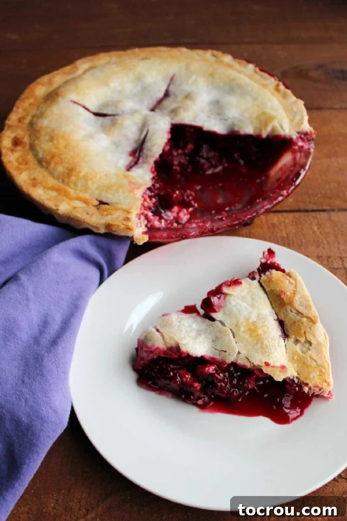 Slice of blackberry pie with remaining pie in background, highlighting the golden crust and juicy filling.