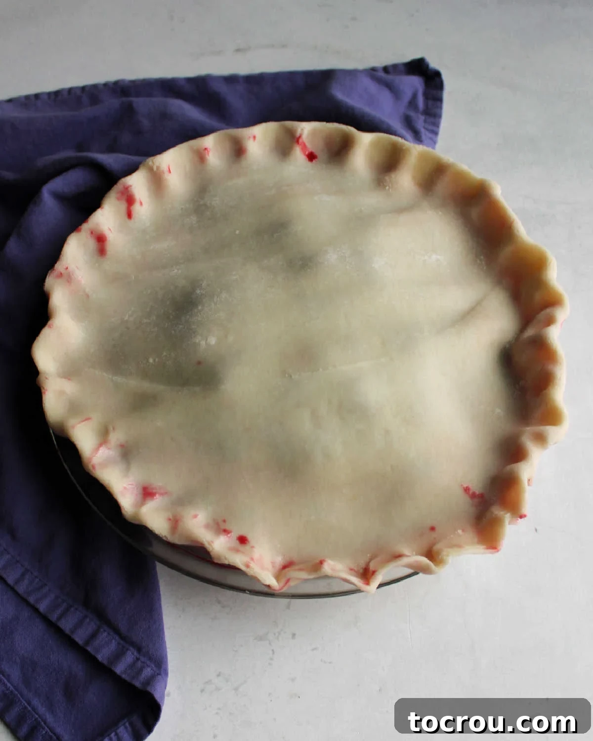 Blackberry pie brushed with milk and topped with sugar, ready for baking.