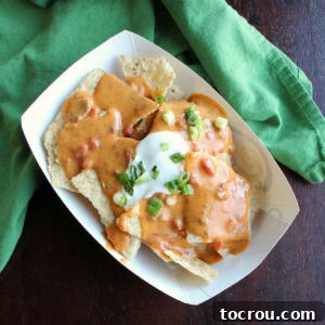 A dish of nachos generously topped with golden tailgate queso, a dollop of sour cream, and a sprinkle of fresh green onions, showcasing a delicious appetizer.