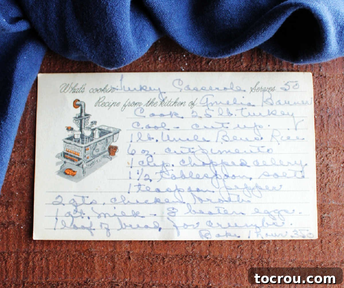 Comforting Turkey and Rice Casserole with Rich Gravy 8 A vintage, handwritten recipe card for turkey casserole, showing the authentic charm of a passed-down family recipe.