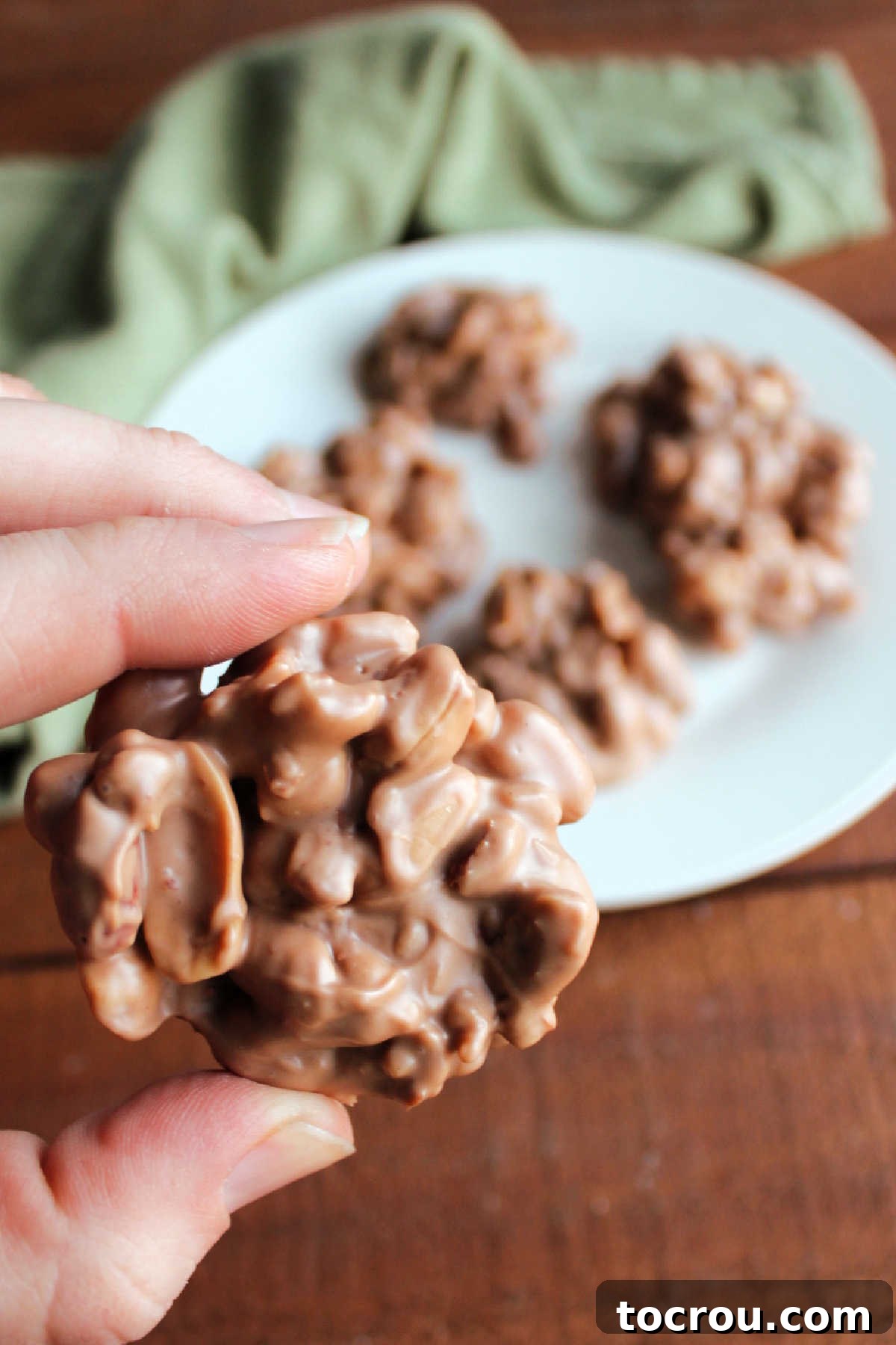 Effortless Crockpot Peanut Delights 2 Hand holding a peanut cluster with bits of toffee inside.