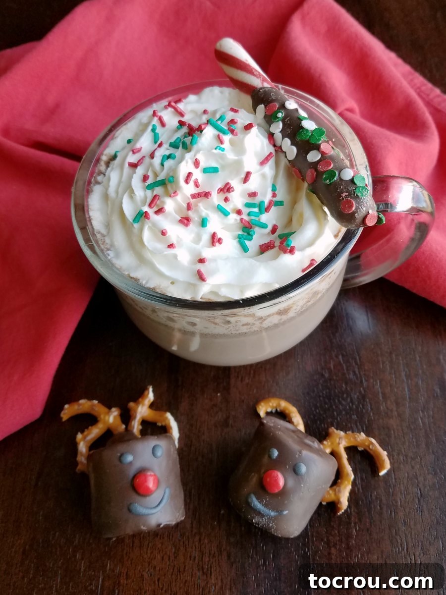 Jolly Reindeer Marshmallow Delights 3 Glass mug filled with creamy slow cooker hot cocoa topped with whipped cream and sprinkles garnished with a chocolate dipped peppermint stick with two rudolph marshmallows nearby.