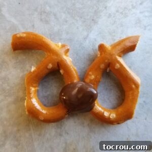 Jolly Reindeer Marshmallow Delights 6 two pretzel halves joined together with a little bit of melted chocolate ready to be rudolph's antlers.