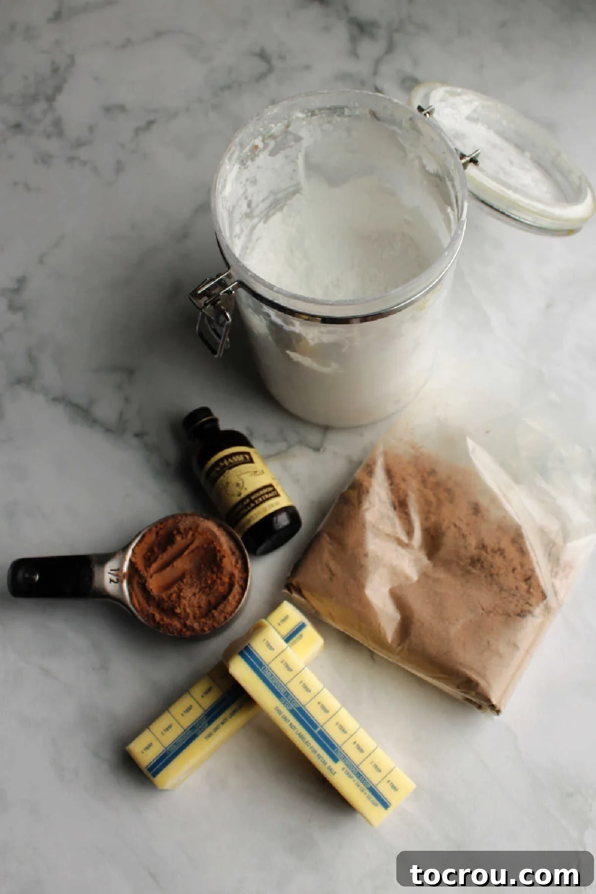 Brownie batter frosting ingredients ready to go.