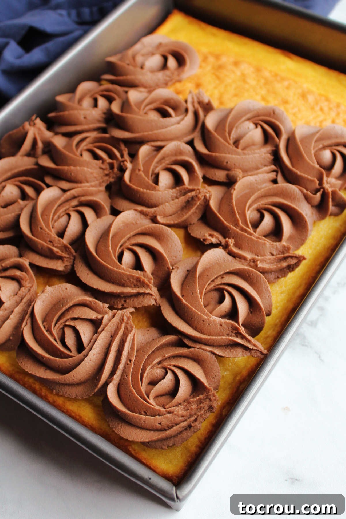 Rosettes of chocolate brownie batter frosting piped onto sheet cake.