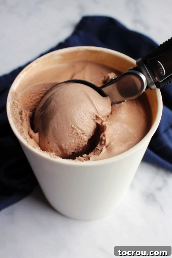 Getting scoop of brownie batter ice cream out of storage container.