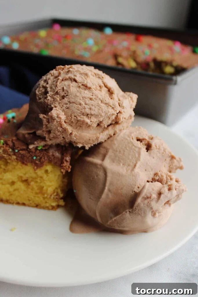 Two scoops of brownie batter ice cream on plate with cake with more cake in background.