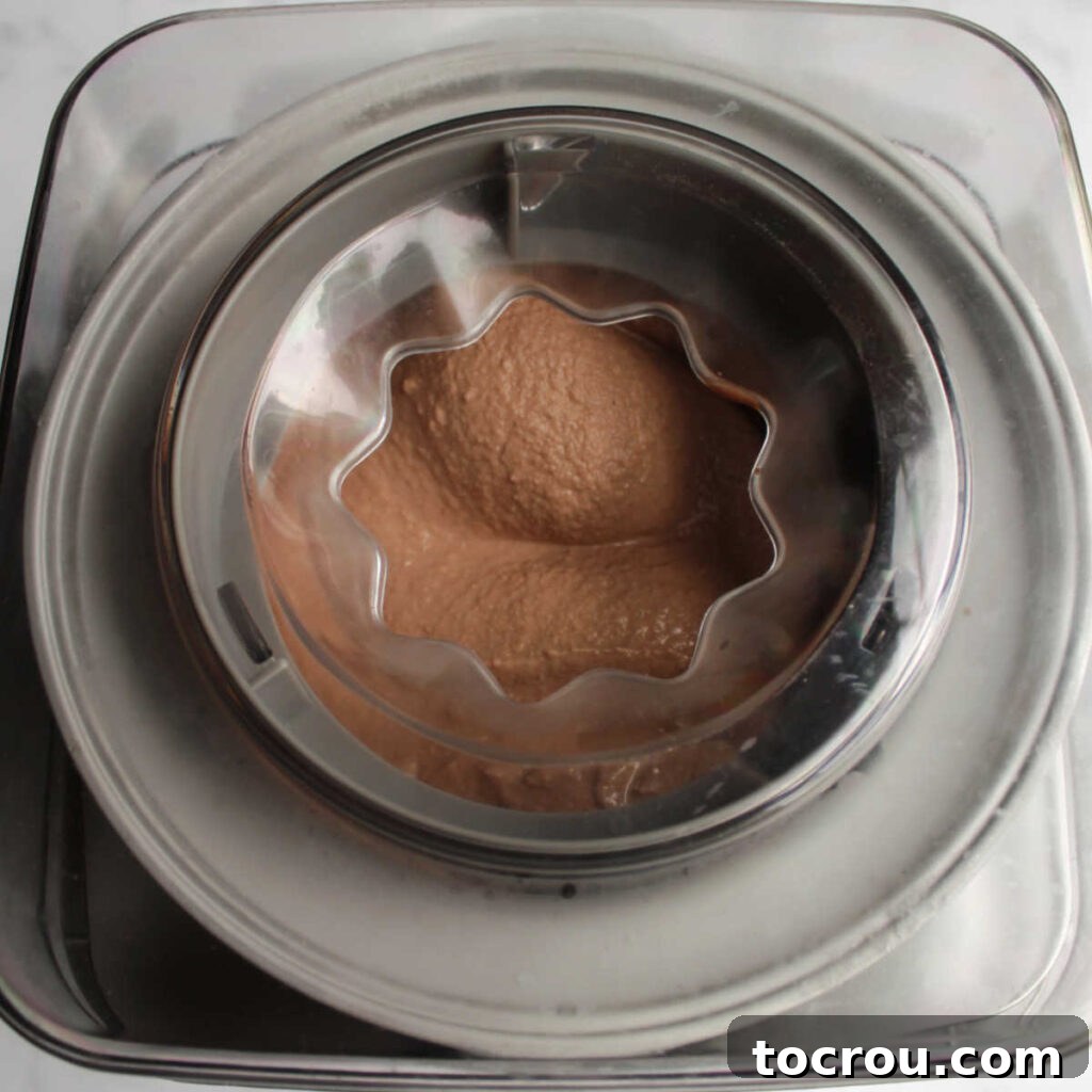 Chocolate brownie batter ice cream in machine.
