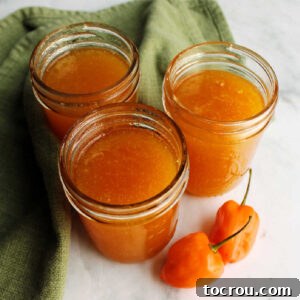 Jars of freshly made habanero peach jelly with orange habaneros nearby.