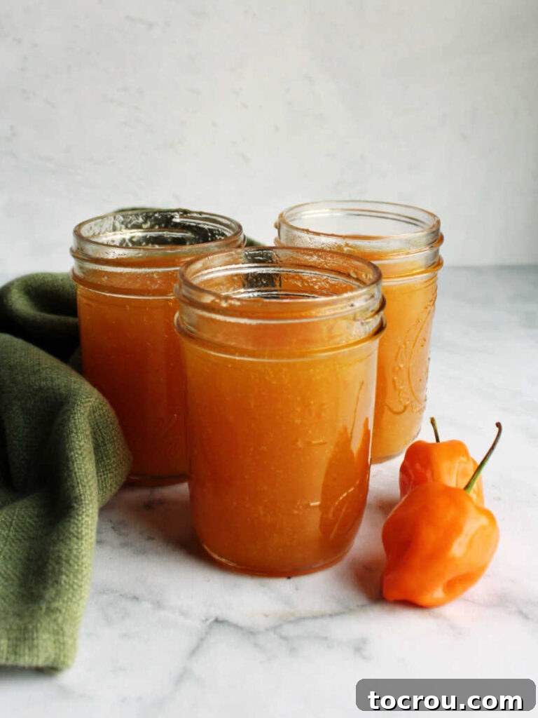 Jars of sweet heat peach habanero jelly ready to be stored for later use.