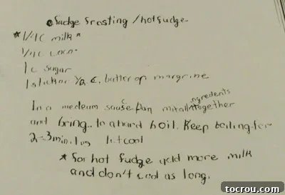 A charming, handwritten recipe for fudge icing, penned in a child's script, evoking nostalgic memories of learning to bake.