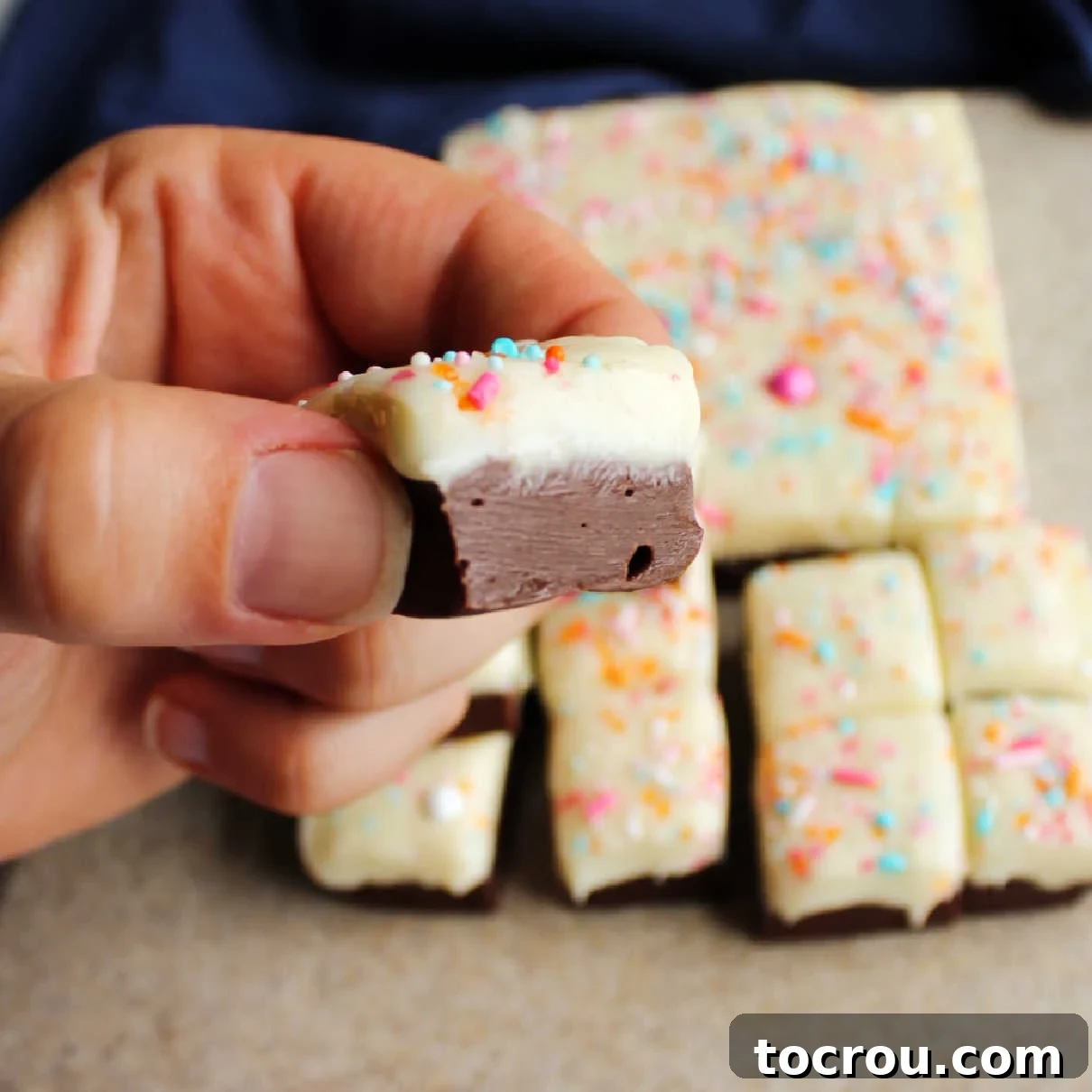 Hand holding small piece of two tone fudge with chocolate on the bottom and white vanilla fudge on top.