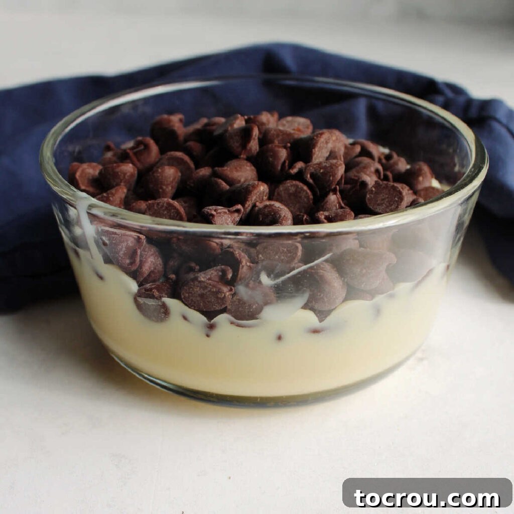 Chocolate chips and condensed milk in small glass bowl.