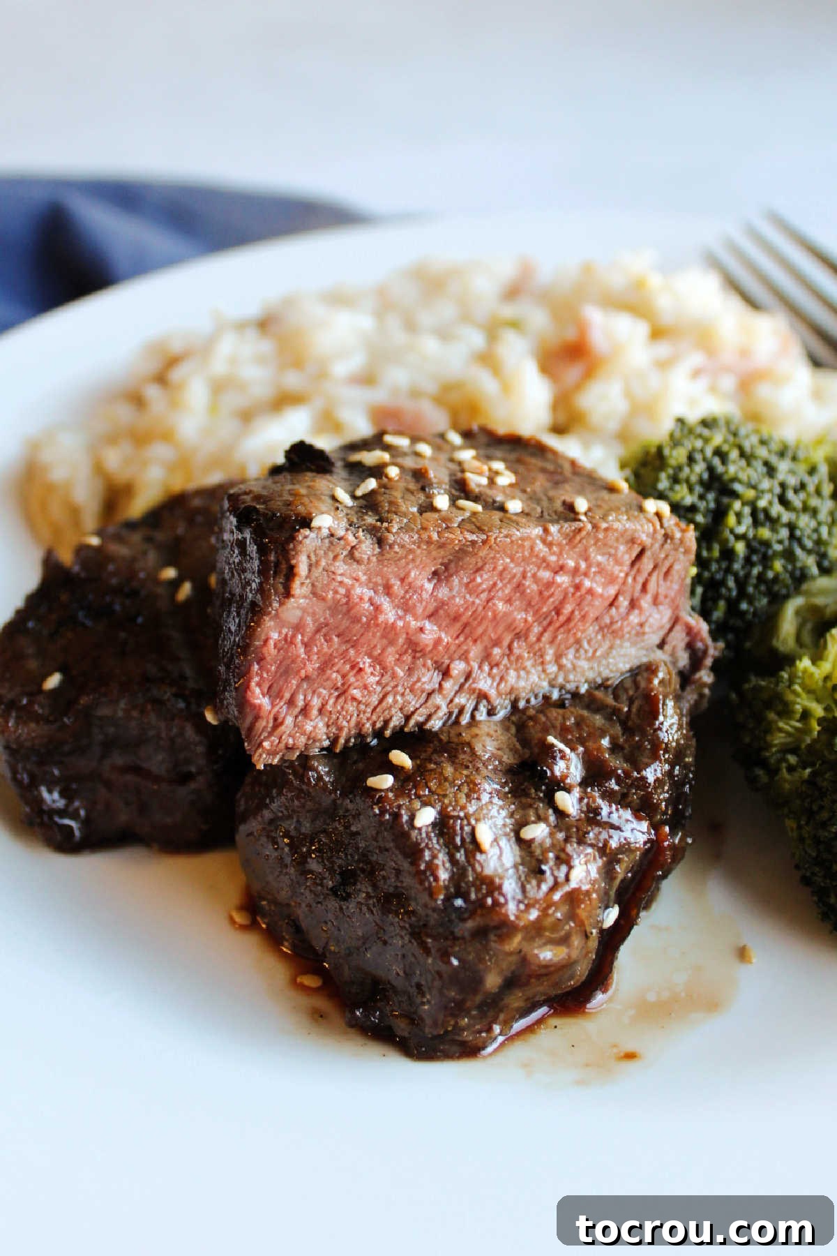 Close-up of a perfectly cooked medium-rare venison backstrap medallion, showcasing its juicy interior and a sprinkle of toasted sesame seeds. Inside of medium rare backstrap medallion showing glossy marinade and toasted sesame seeds on the outside.