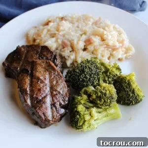Dinner plate with grilled bul kogi style backstrap, broccoli and rice.