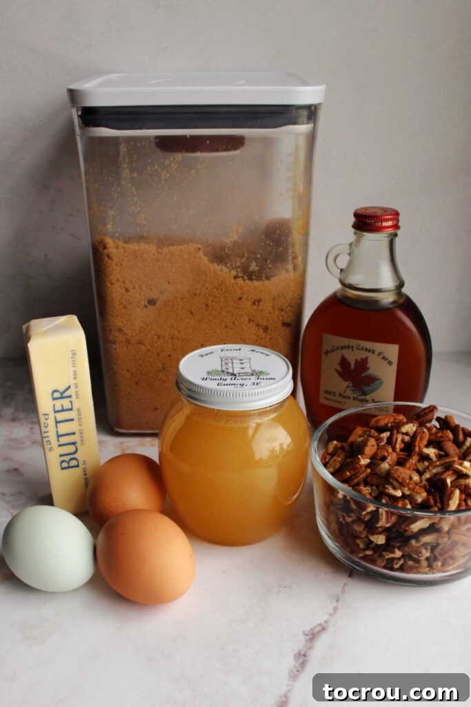 Pure Honey and Maple Pecan Pie 3 Ingredients for pecan pie made with maple syrup and honey.