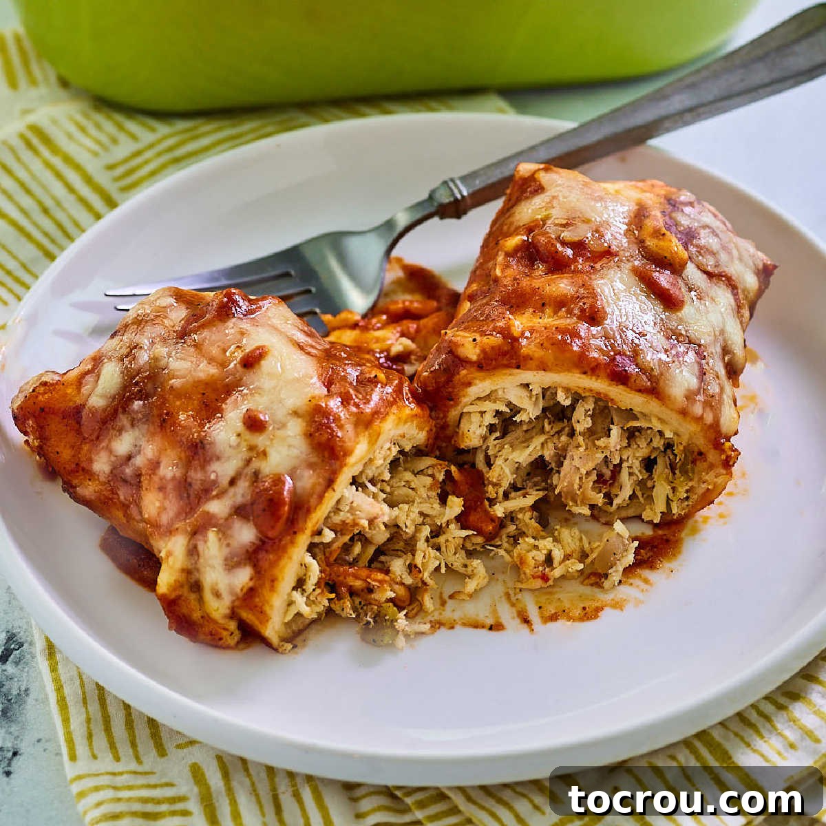 Homemade Red Enchilada Sauce A close-up of a chicken enchilada generously topped with homemade red enchilada sauce and melted cheese, ready to be served.