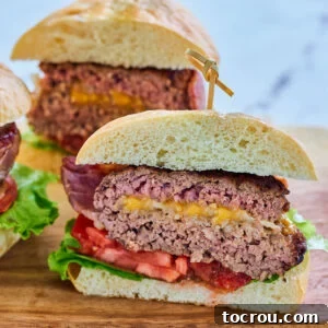 Maw-Maws Unexpected Burger Bliss 8 Close up of half of a hamburger surprise showing cheese and onion filling between thick layers of ground beef burger with bacon on the outside, ready for a taste test.