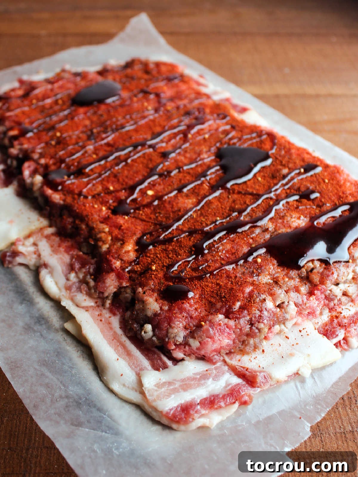 Ground pork and sausage mixture patted into a rectangle on top of the bacon weave then topped with BBQ rub and a drizzle of BBQ sauce.