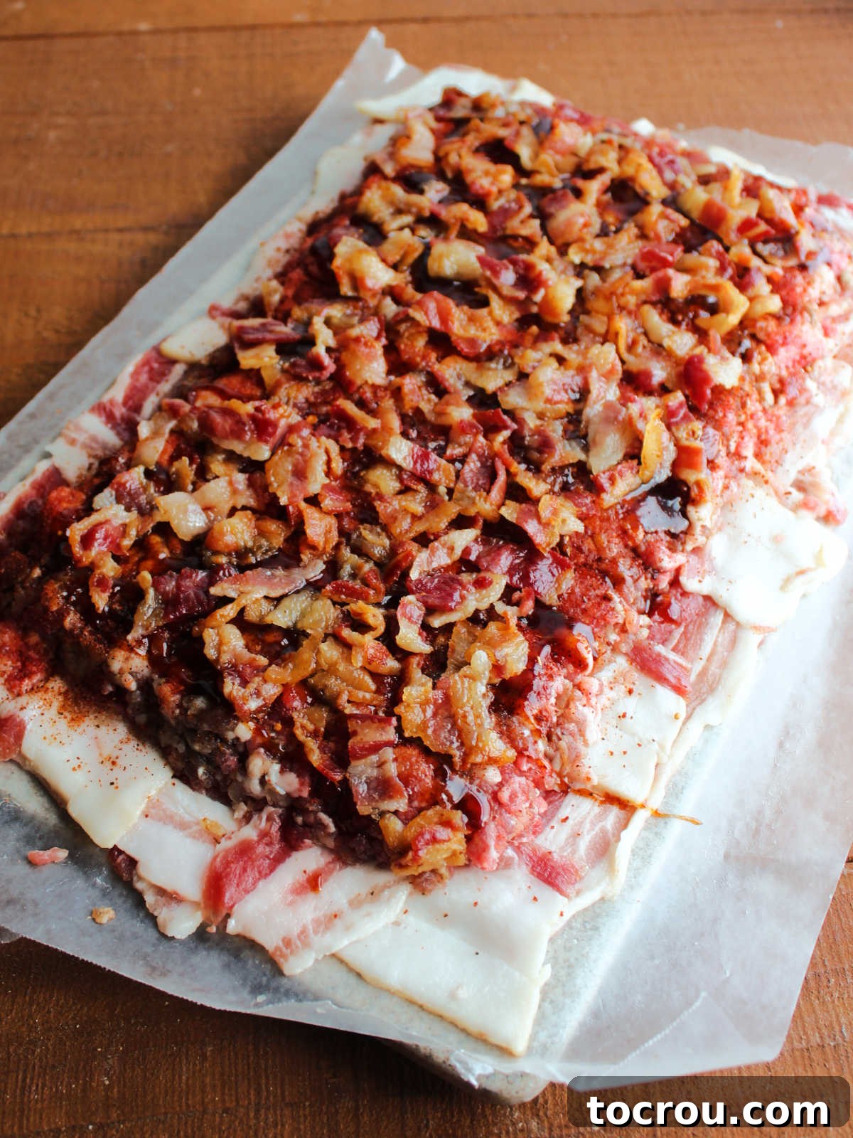 Cooked and crumbled bacon spread over the top of the ground pork, ready to be rolled into the middle of the bacon fatty.
