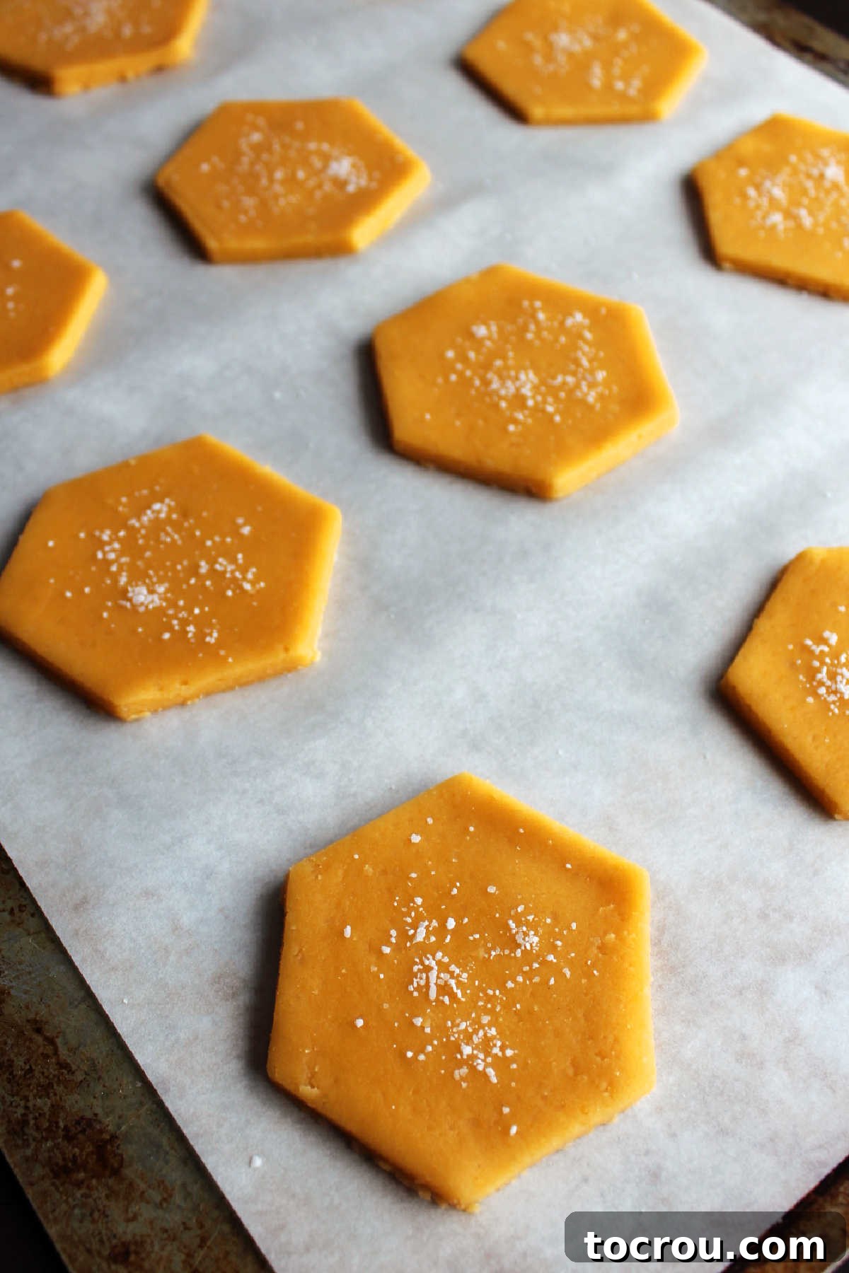 Cheese cracker dough cut into octagons and topped with coarse sea salt, ready to go in oven.