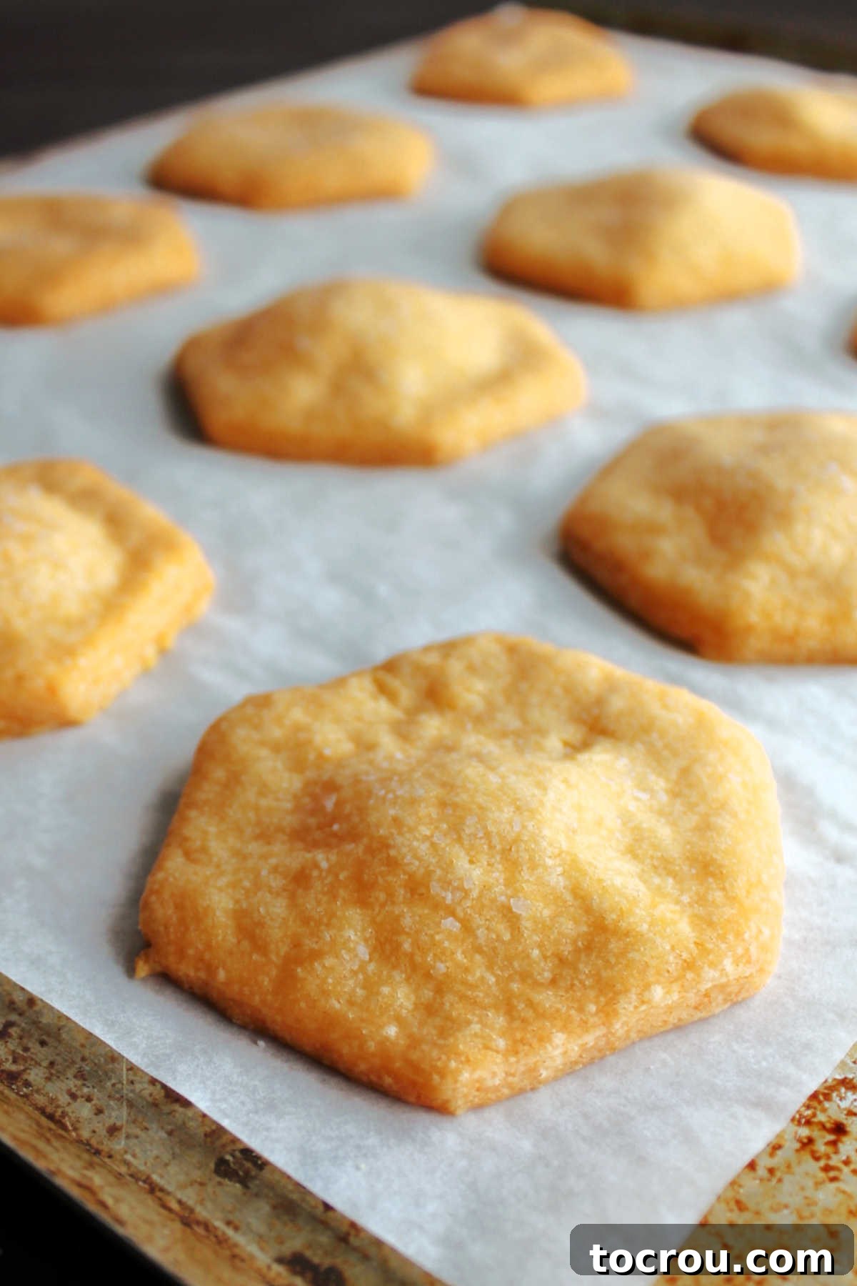 Freshly baked cheese crackers on parchment paper lined pan.