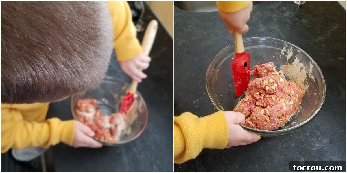 A child enthusiastically stirring together ingredients to make homemade meatballs with oatmeal, illustrating the hands-on process.