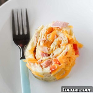 Slice of denver omelet roll with ham, pepper and eggs rolled around a melted cheese center.
